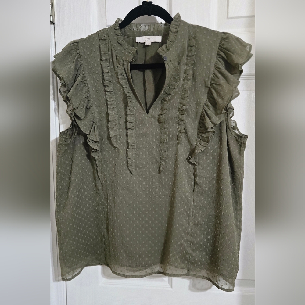 LOFT Green Ruffled Sleeveless Blouse with Mandarin Collar